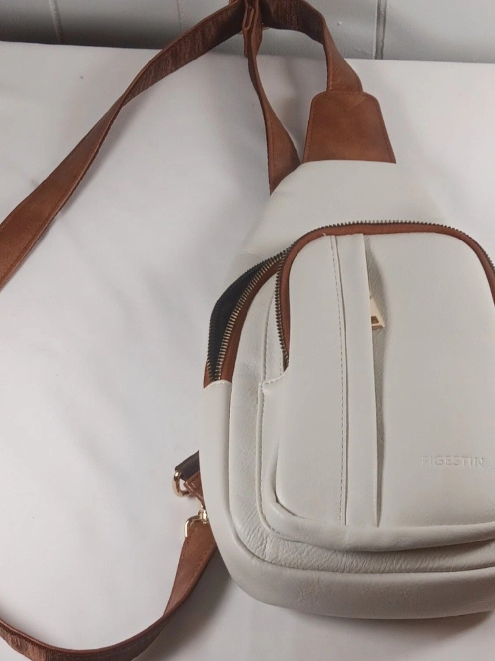 White and Brown Crossbody Sling Bag by (unknown)